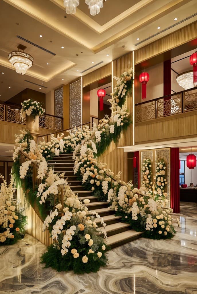 Grand staircase with white orchids and golden details
